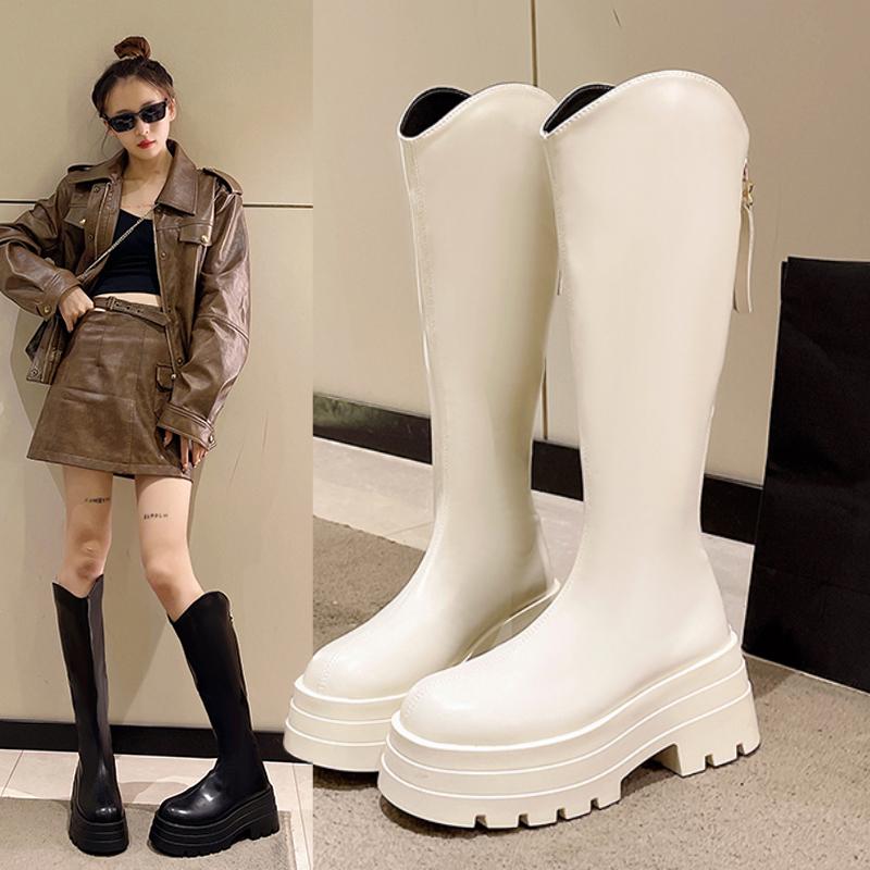 New Women Boots Zipper Thick High Heels Women Thick High Heels Autumn Winter Boots Knee High Botas