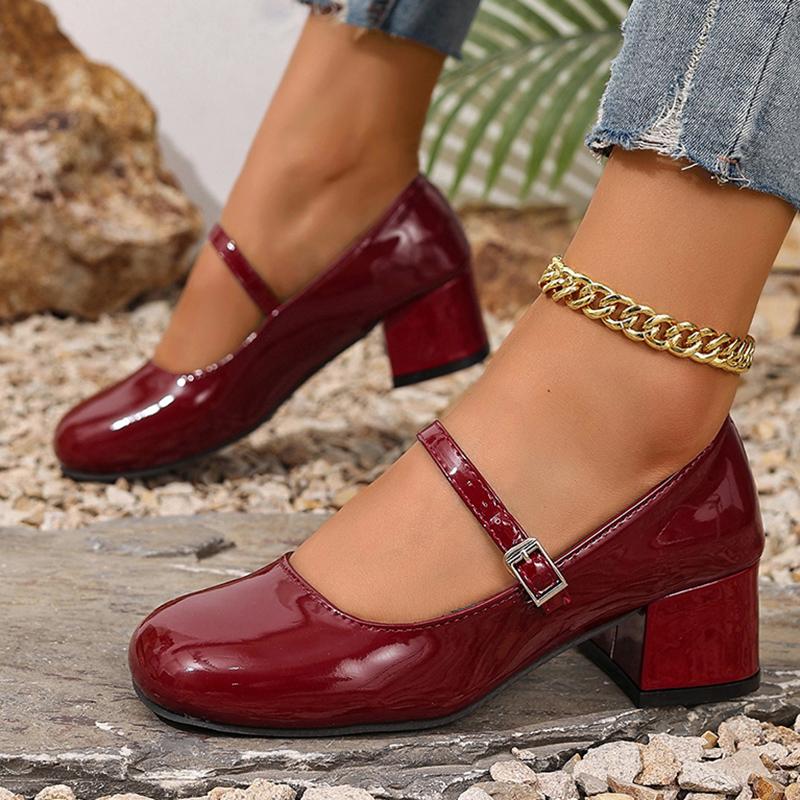 

Fashion Plus Size Thick Heel Mary Jane Shoes Women Retro Ankle Buckle Office Pumps Ladies 2025 High Heeled Patent Leather Shoes Woman 35
