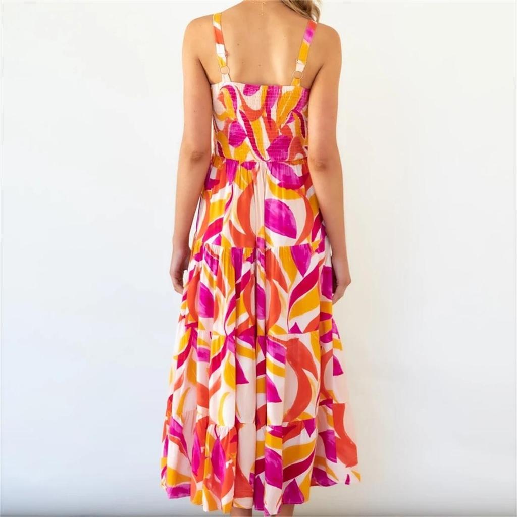 Casual Long Women Print Dress Boho Female Holiday Dress Summer Spaghetti Strap Ladies Beach Dress Vestidos 2024 New