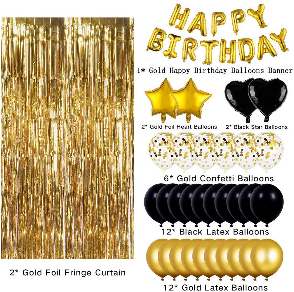 Birthday Party Decoration Set Black Gold Theme Birthday Arrangement Rain Curtain Flag Party Decoration Balloon