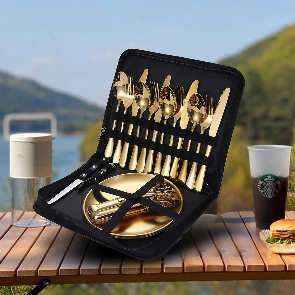 Hawk Zing Camping Set Furculiță Cuțit Lingură Farfurie Clești Oțel Inoxidabil pentru Oglindă Pentru Solo Acasă Sigur pentru Mașina de Spălat Vase Pentru 4 4, Reutilizabil, Lavabil,