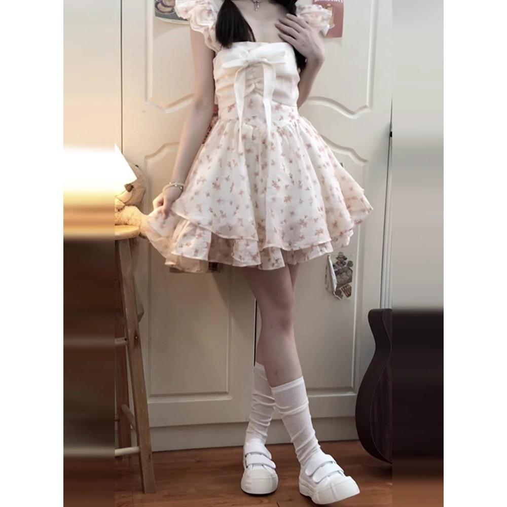 Sweet little flying sleeve bow dress female summer princess puffy skirt waist small short skirt