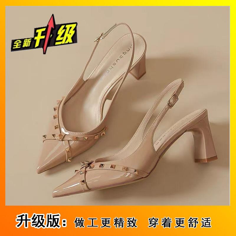 2025 new bag head thick heel female rivet French fairy style single shoes pointed patent leather not tired feet fashion sandals