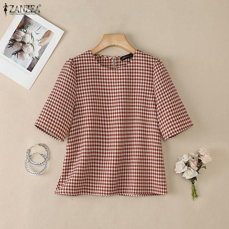 ZANZEA Women Casual Round Neck Grid Print Summer Short Sleeve Blouse