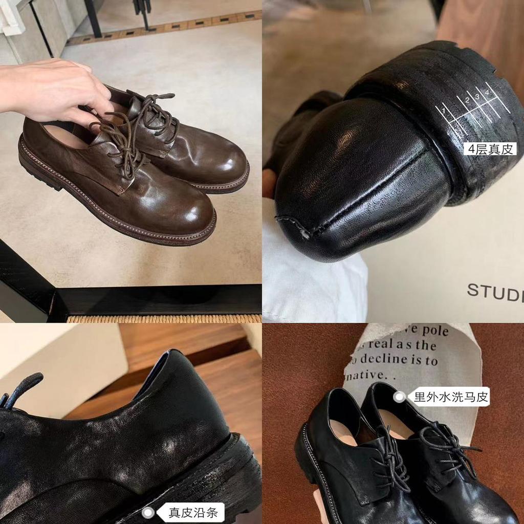 Cowhide version grape mother same washed shrink horse leather shoes Derby small leather shoes women's British style lace-up loafers