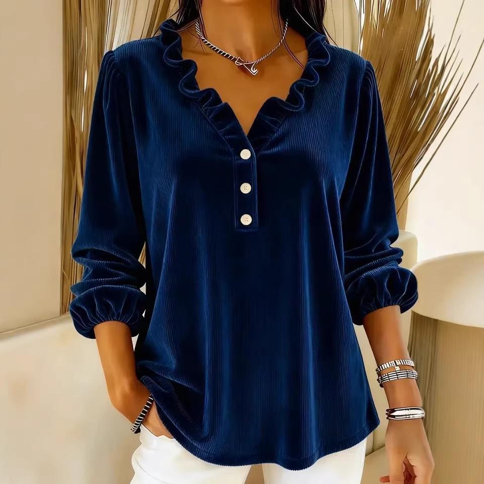 Women's Corduroy Ruffle Collar V-Neck Long Sleeve Top