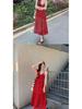 Spring 2025 French Floral Red A-line Spaghetti Strap Dress for Women