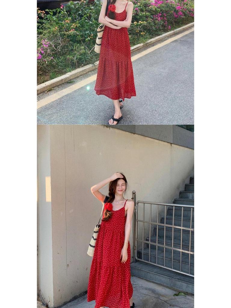 Spring 2025 French Floral Red A-line Spaghetti Strap Dress for Women