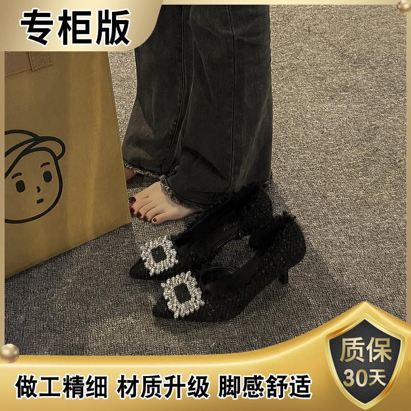 High heels women's summer 2025 new niche design French pointed shoes thin heels small fragrant rhinestone single shoes