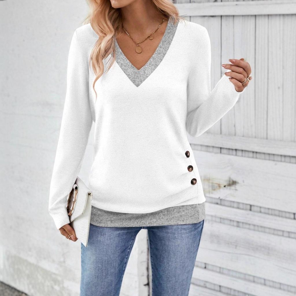 Women's V Neck Long Sleeve Basic Top Regular Fit Elegant Casual T-Shirt With Button Decor Solid Color