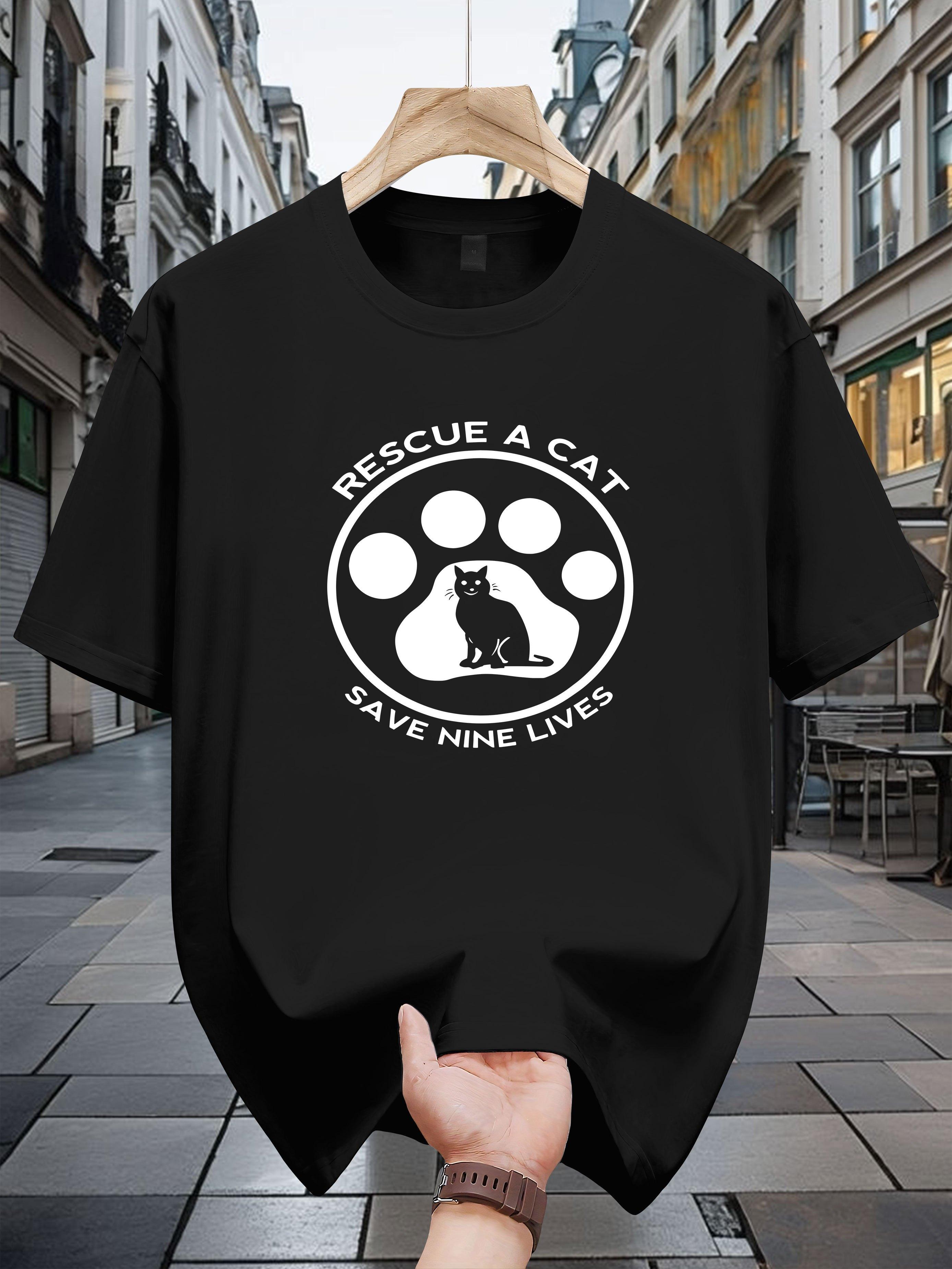 

200g 100% Cotton Casual Short Sleeve T-shirt with Rescue Cat & Save Nine Lives Graphic Print - Black Round Neck Summer Tee for Animal Lovers S