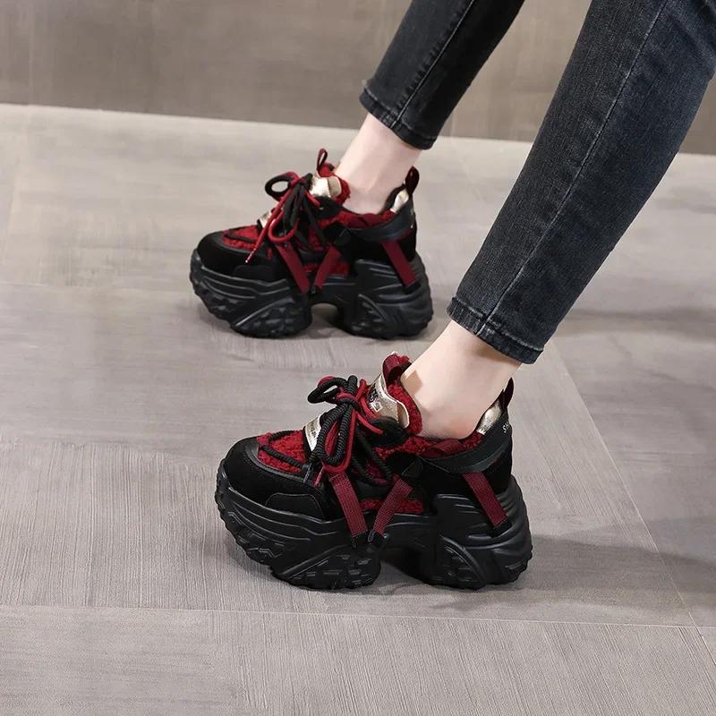 Fashion 9.5cm Women Synthetic Leather Spring Chunky Sneakers  Winter Plush Fashion Ankle Booties Autumn Platform Wedge Flats Shoes