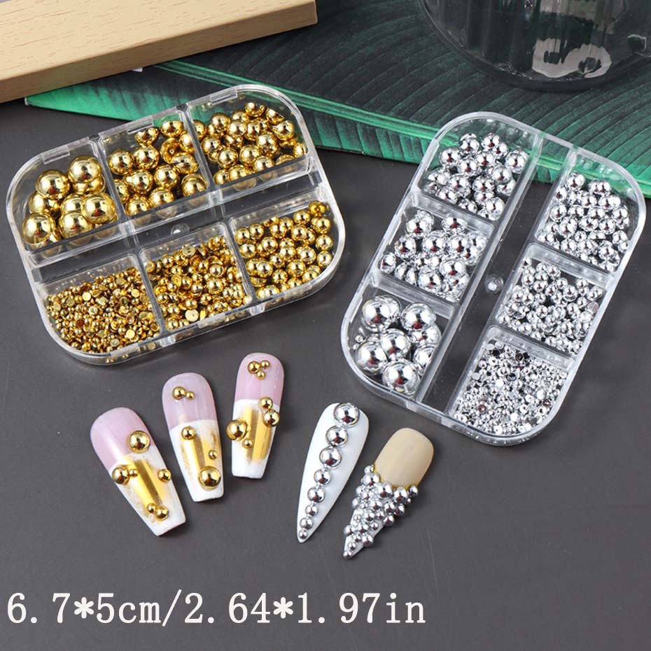 Xiaomi 6 Grids Mixed Size Golden Silvery Semicircle Pearls Nail Art Charms Punk Gothic Design Japanese Nail Art Decoration Nail Supplie
