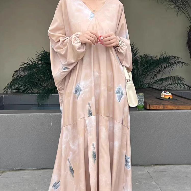 Moda Koreańska Elegancka Wiosna Lato Retro Wakacje Styl Dekolt w serek Atramentowy nadruk Projekt Luźna Swobodna Sukienka Z Rękawem Nietoperzowym Kobiety