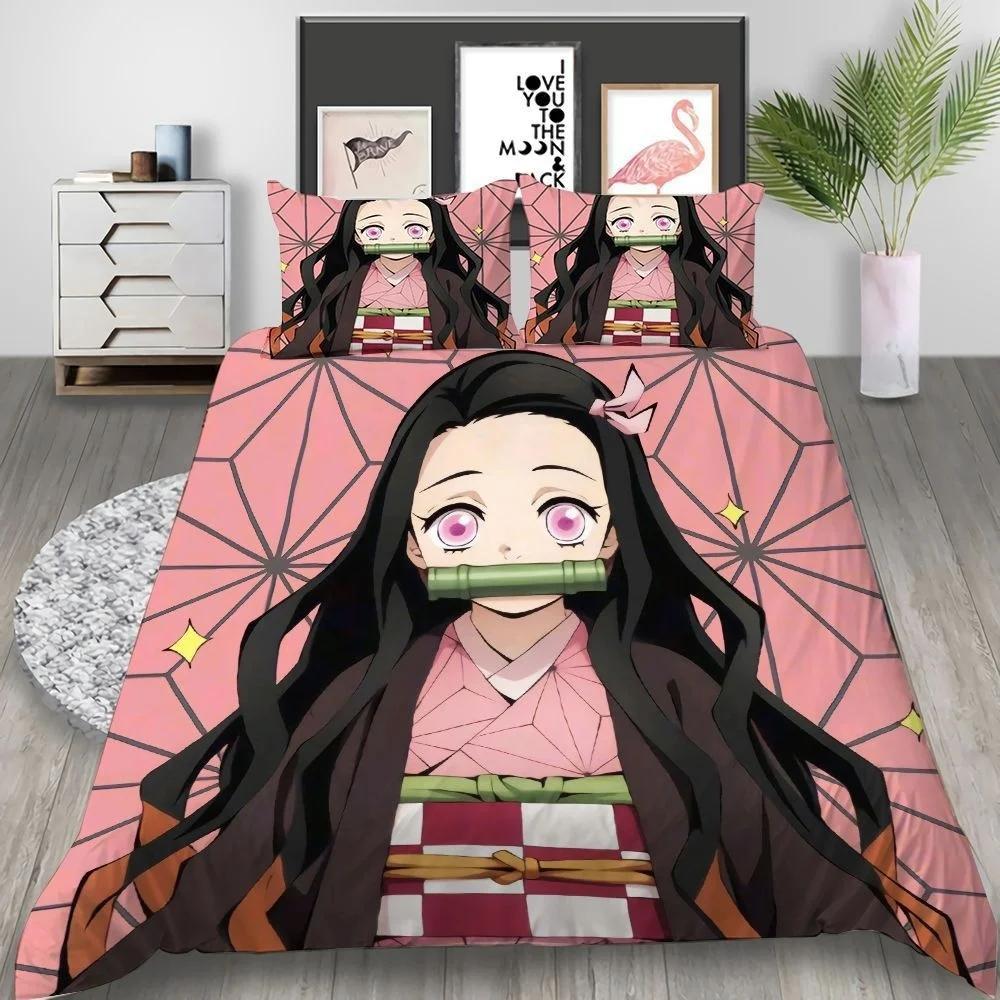 Cartoon Demon Slayer Bedding Set Japan Anime 3D Printed Duvet Cover Set Comforter Cover Set  Twin Single Size for Home Decor