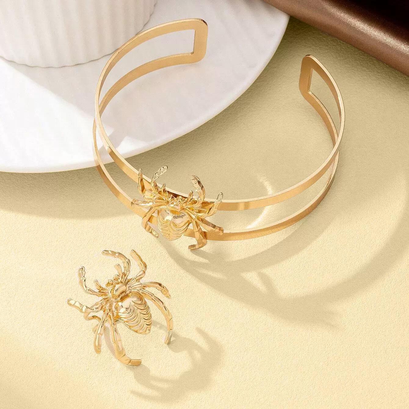 

Отпускная мода Готическое кольцо-паук Золотое двойное открытое регулируемое кольцо на руку набор золотой