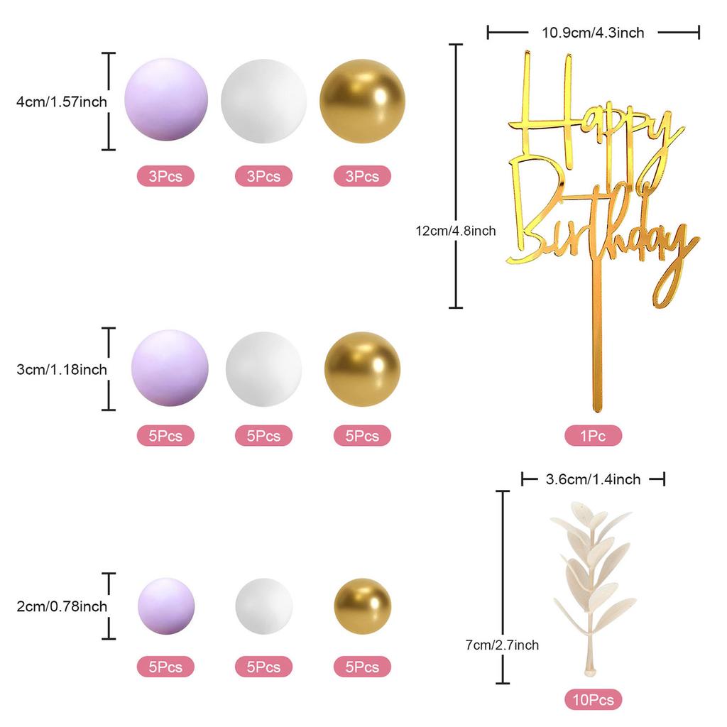 50pcs Boho Cake Topper Purple White Gold Pearl Balls - Wedding Baby Shower Birthday Party Decorations, Grass Cake Decor Happy Bi