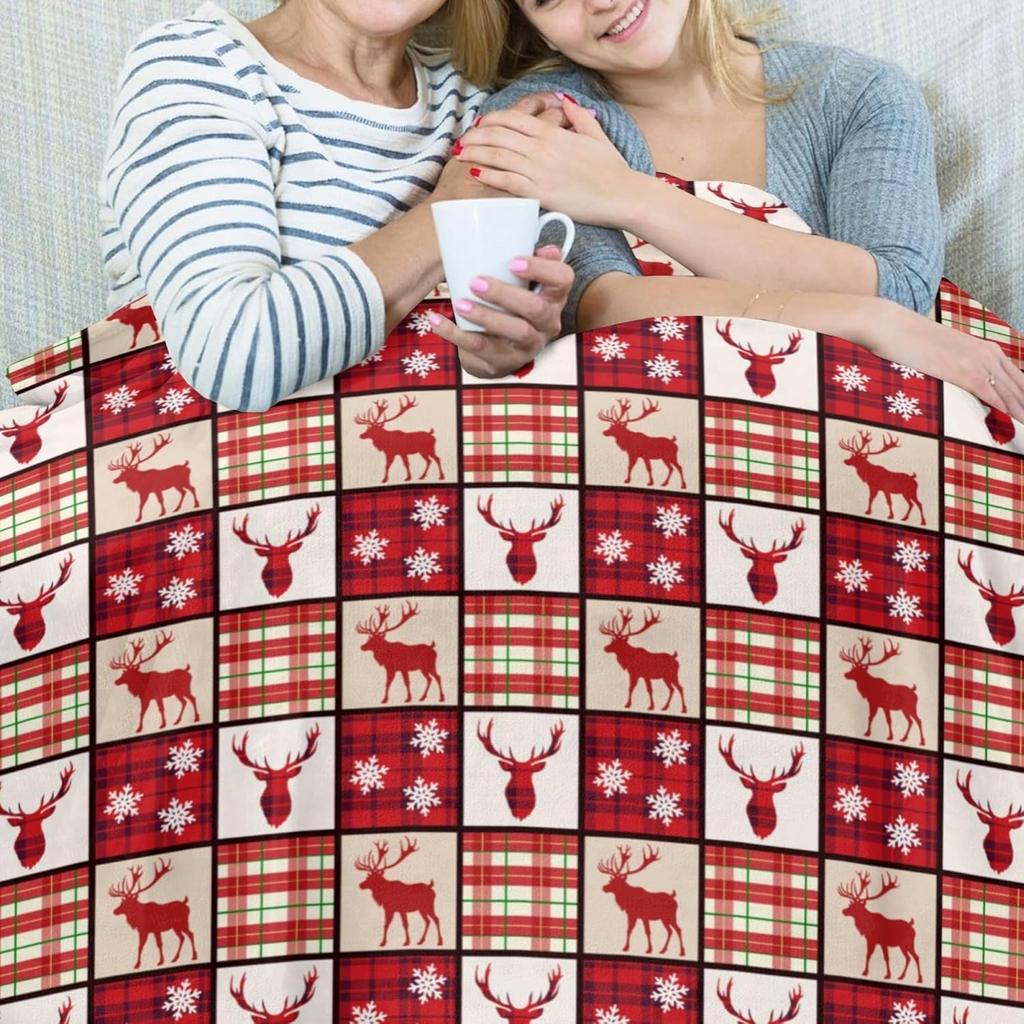 Christmas Throw Blanket Red and Black Buffalo Plaid Deer Design Fuzzy Blanket Cozy Soft Warm Flannel Xmas Blankets for Couch