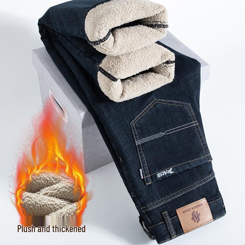 Men's Elastic Straight-Leg Thickened Jeans with Velvet Lining for Autumn and Winter