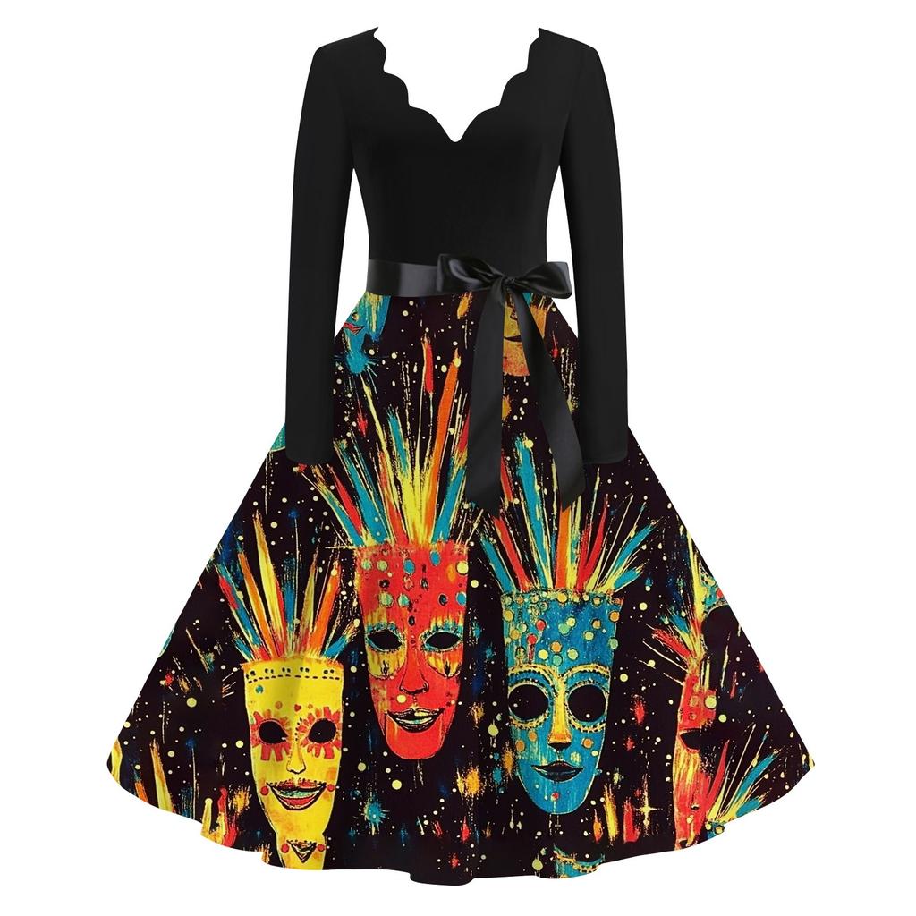 Women's Casual Fashion V-Neck Long Sleeve Carnival Print Vintage  Dress
