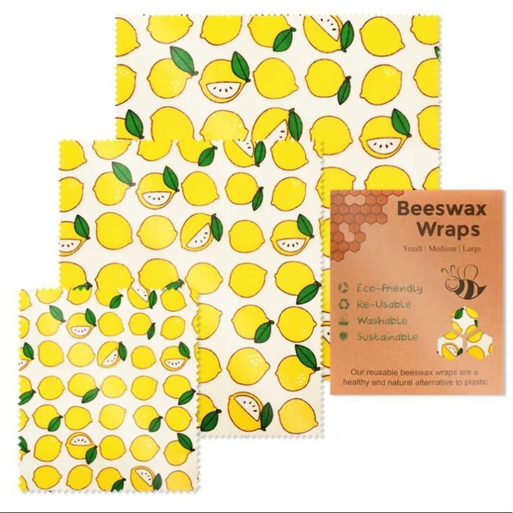 Set da 3 Pezzi Involucri Alimentari in Cera d'Api Riutilizzabili Cotone Biologico Eco-friendly Panno Cerato Sostituto della Pellicola di Plastica Domestica Lavabile Modello Limone
