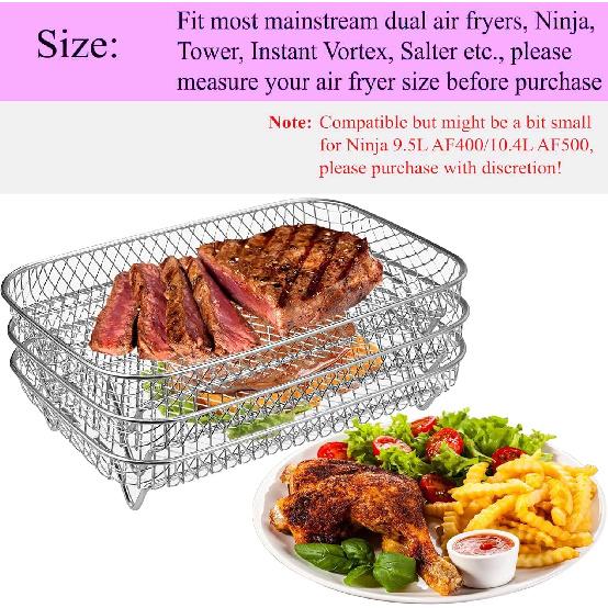Air Fryer Rack Accessories for Ninja Dual Basket, 3 Layers, 304 Stainless Steel Stackable Bacon Air Fryer Accessories for Ninja AF300UK,