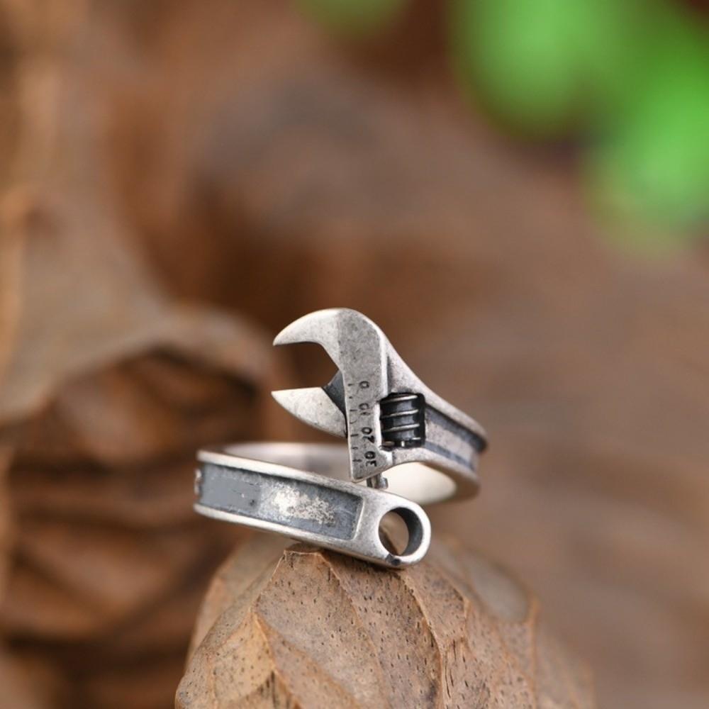 Heavy Duty Spanner Finger Ring Silver Plated Biker Jewelry Wrench-Shaped Open Ring Boys Girls