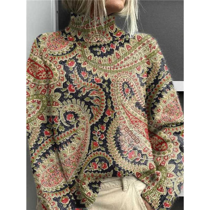 Womens Christmas Print High Neck Sweater Loose Fit Casual Long Sleeve Top