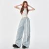 Light Blue Elastic Waist Lace Belt Overalls Women's Summer New Thin Paratrooper Quick-drying Casual Wide-leg Pants