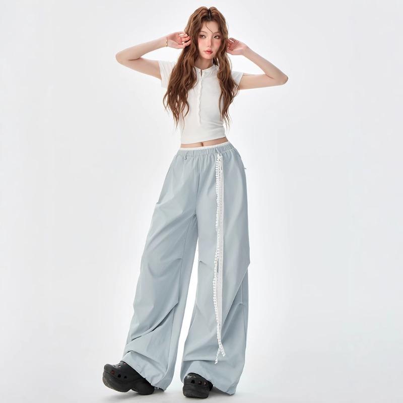 Light Blue Elastic Waist Lace Belt Overalls Women's Summer New Thin Paratrooper Quick-drying Casual Wide-leg Pants