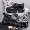 2025 Autumn Men's Black Derby Shoes - Korean Style Trendy Casual Leather with Height Increasing Thick Sole
