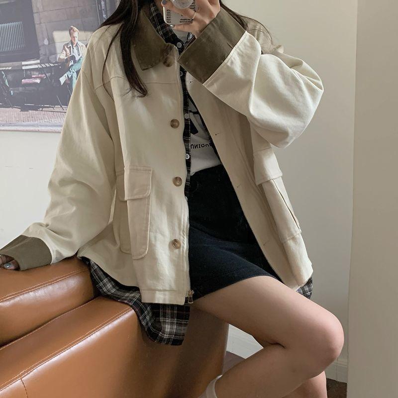 New Spring and Autumn Retro Splicing Korean Style Loose Jacket Women's Long Sleeve Top