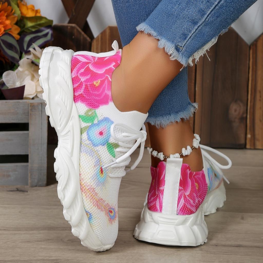 Pohodlné Dámské boty pro volný čas Módní Měkká podešev Prodyšný potisk Květinové ploché boty pro ženy