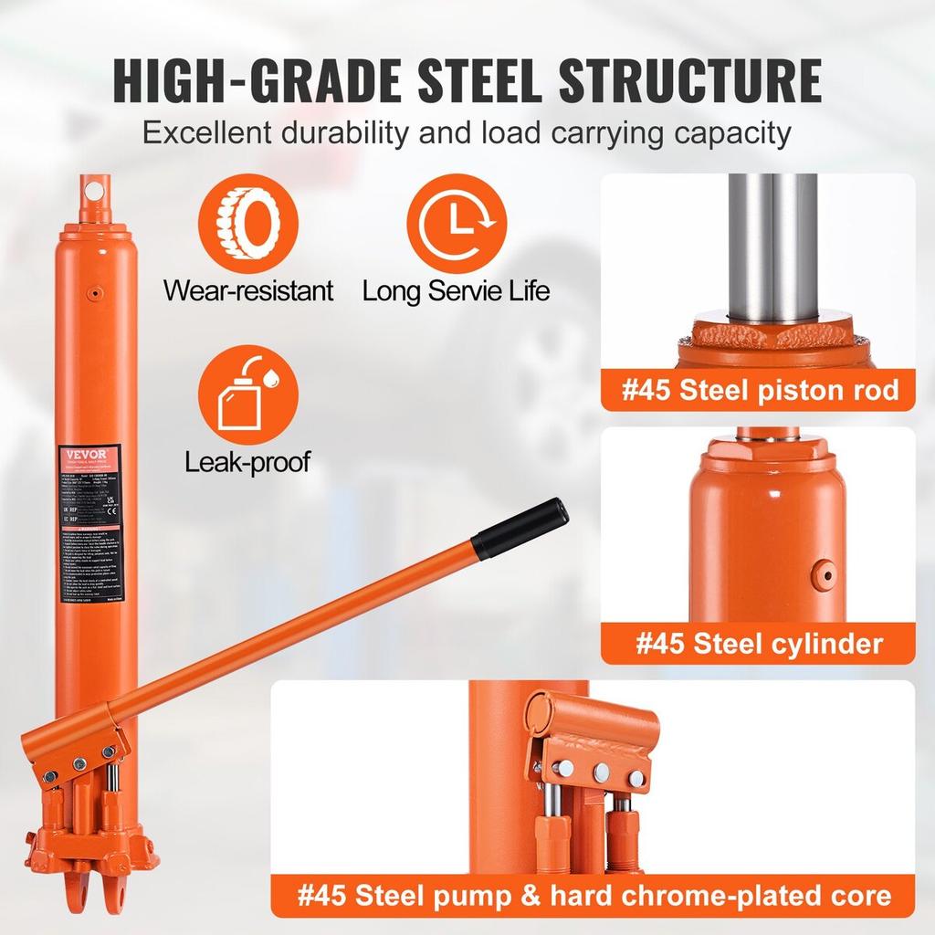 Hydraulic Long Ram Jack, 8 Ton Engine Hoist Cylinder with Double Piston Pump And Clevis Base, Hydraulic Ram Cylinder for Engine Lift Hoists, Hydraulic