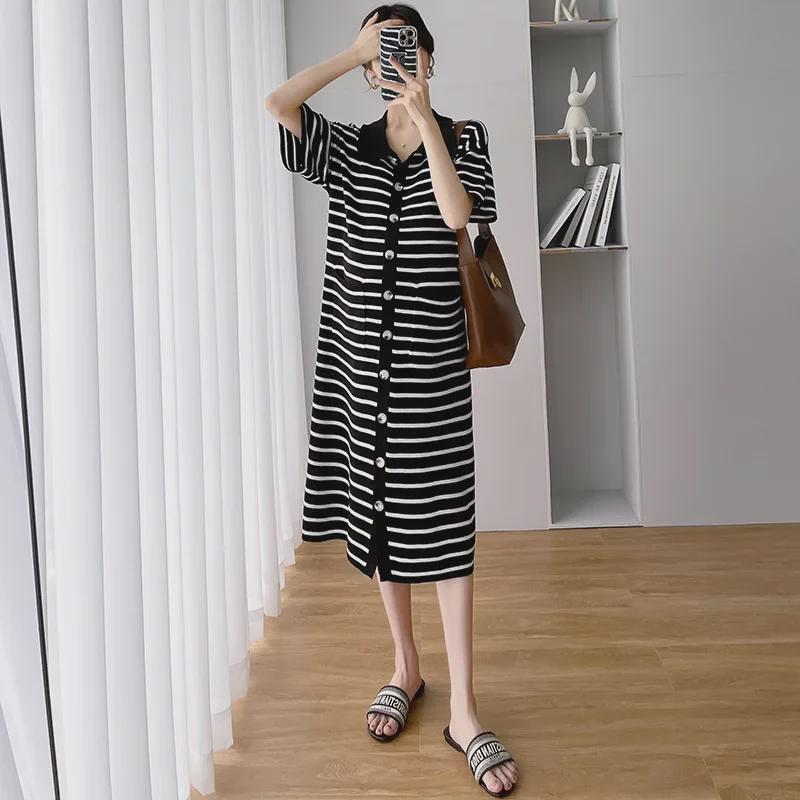 2023 Summer Korean Striped Knitted Short Sleeve Maternity Dress