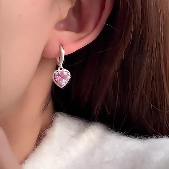 Elegant Pink Stone Love Earrings Female Fashion Temperament Minimalist Girlfriends Earrings Ear Buttons Ins Literature and Art Sweet Ear Jewelry