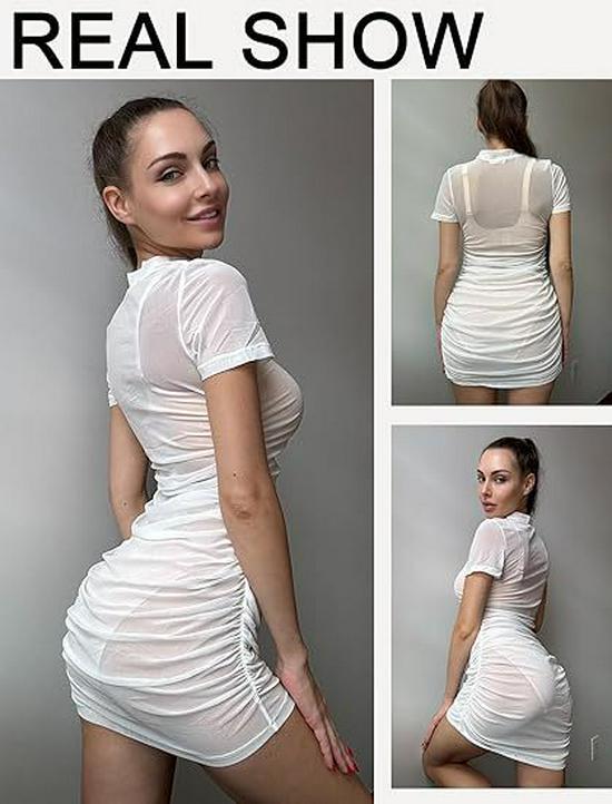Sexy Hoge Hals Mesh Patchwork Slim Fit Jurk met Taille-Cinchende Geplooide Ontwerp