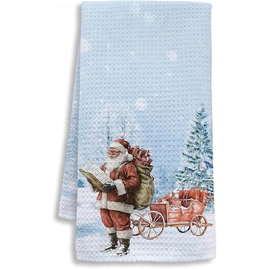 Pink Santa Winter Kitchen Towels, Snowflake Winter Dish Tea Towels for Kitchen, Funny Christmas Santa Claus Holiday Decorative Hand Towel for