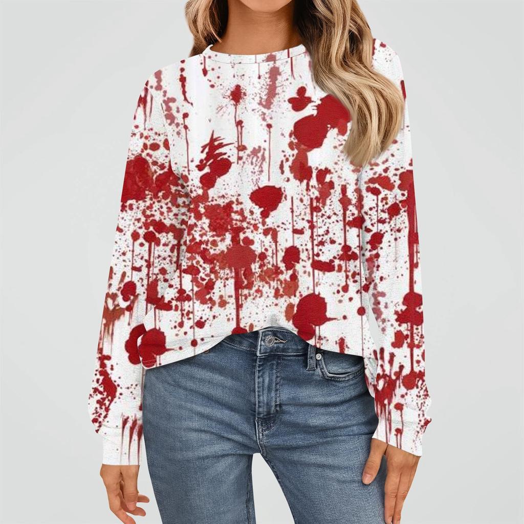 Damenmode Langarmshirts Locker sitzende Rundhalsausschnitt Basic Halloween Print Tops Lässige Outfits