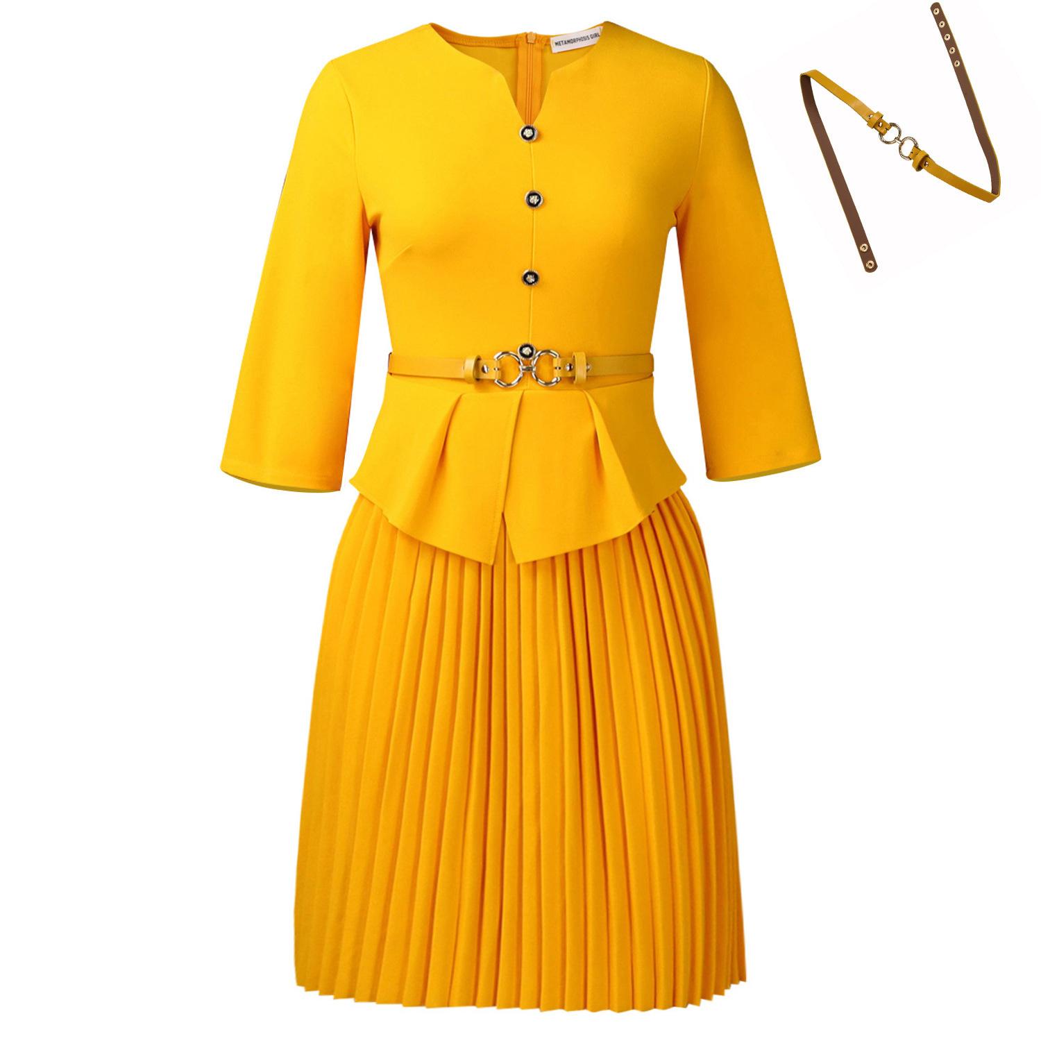 Fashion new large-size women s clothing solid color button fake two-piece dress autumn S жёлтый