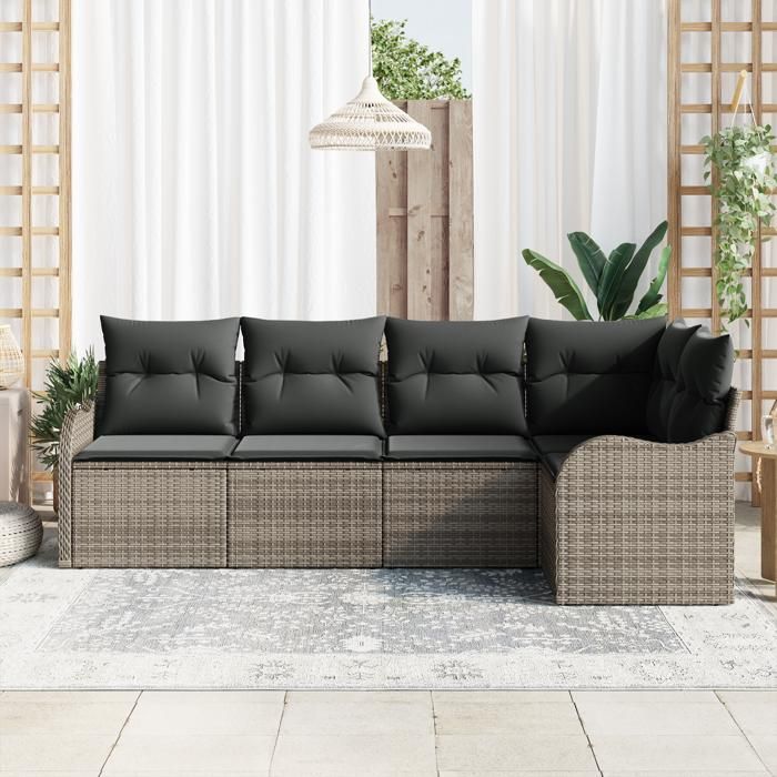 Ensemble de canapé de jardin 5 pièces avec coussins en gris poly rotin, Canapé de jardin 2 places avec rangement et coussins 3354368