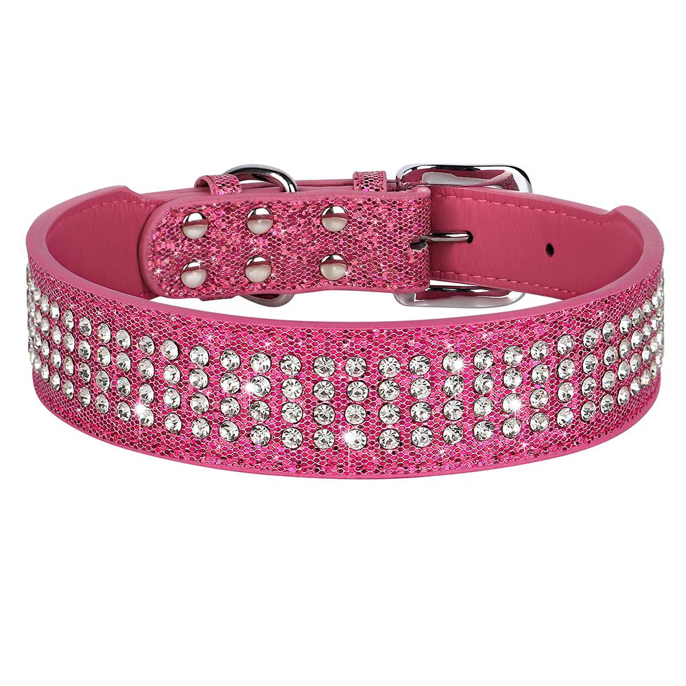 

Rhinestone Leather Dog Collar Bling Crystal Wide Pet Collar 4 Row Full Diamond Dog Collars for Small Medium Large Dogs Pitbull XL рожевий червоний колір