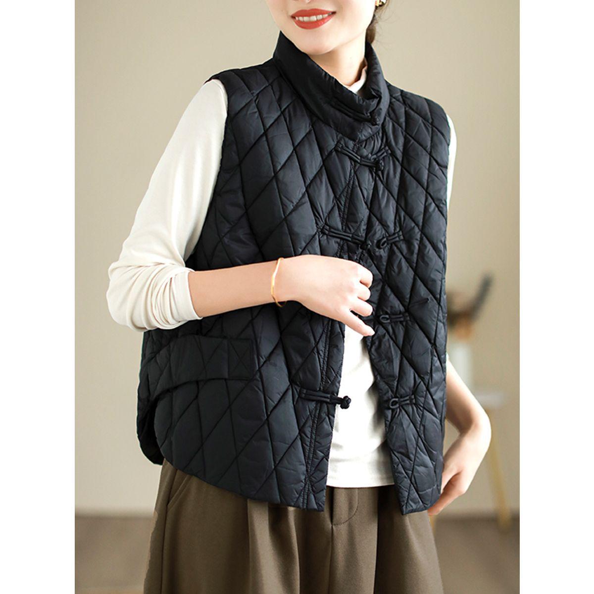 

Жіночий ретро етнічний бавовняний жилет на підкладці з ґудзиками-жабками на осінь/зиму 2025 - Теплий, універсальний, куртка без рукавів M чорний