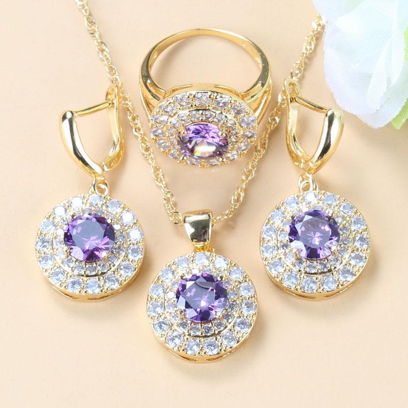 Simple Round Bridal Four-Piece Suit White Zircon Crystal Gold Color Women Jewelry Sets Dangle Earrings/Bracelet/Ring 6-Colors