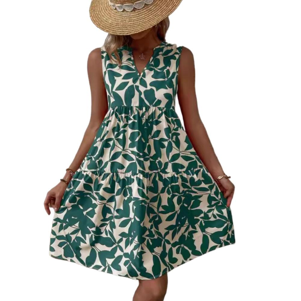 HNXC Damenmode Sommer Blumendruck Ärmellose V-Ausschnitt Freizeitkleider