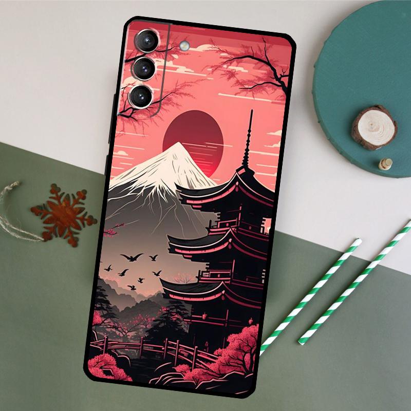 Japanese Art Temple Sakura Case For Samsung Galaxy S23 Ultra S8 S9 S10 S22 Plus Note 10 20 Ultra S20 FE S21 FE Cover