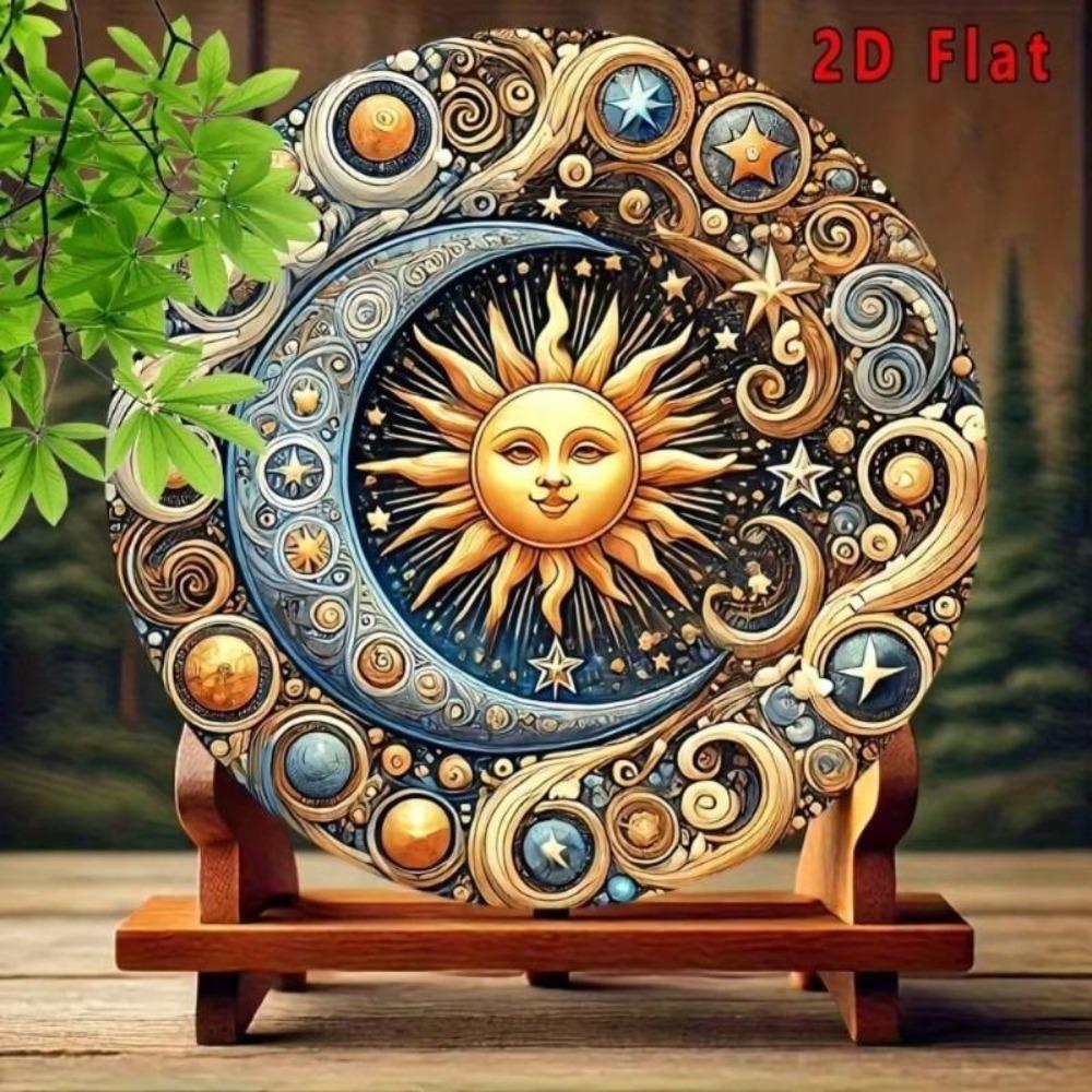 Sun Moon 2D Flat Wall Art 8x8 Inches Round Aluminum Metal Decor