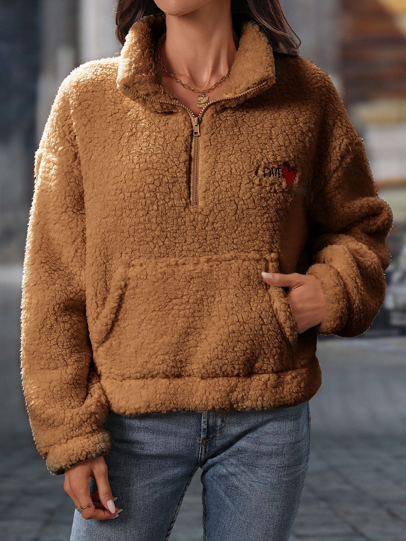 

Зимнее короткое пальто с капюшоном для женщин, утолщенная флисовая толстовка на молнии, куртка с высоким воротником, пальто с длинным рукавом для женщин XXL коричневый