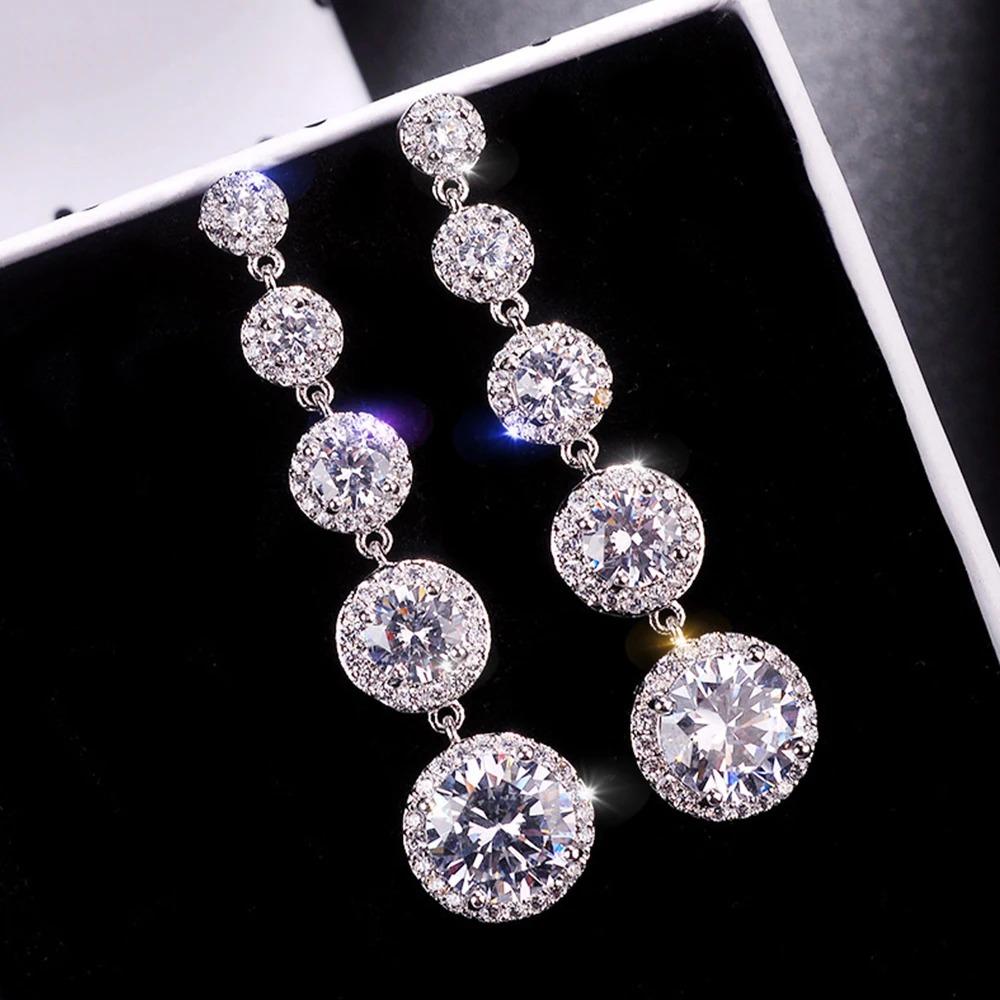Huitan Temperament Sweet Long Hangings for Women with Round Cubic Zirconia Charm Wedding Party Fashion Ear Zircon Drop Shipping