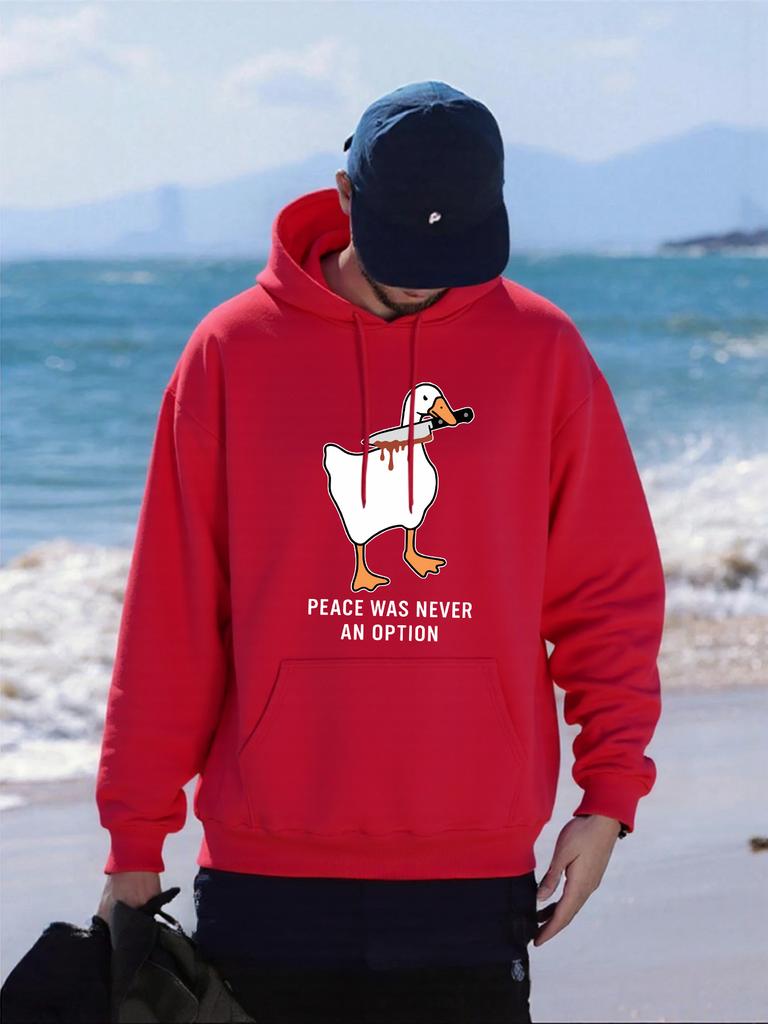 Peace Was Never An Option Duck Printing Hoody Men Hip Hop Fleece Hoodies Casual Loose Pullovers Comfortable Pocket Sportswear